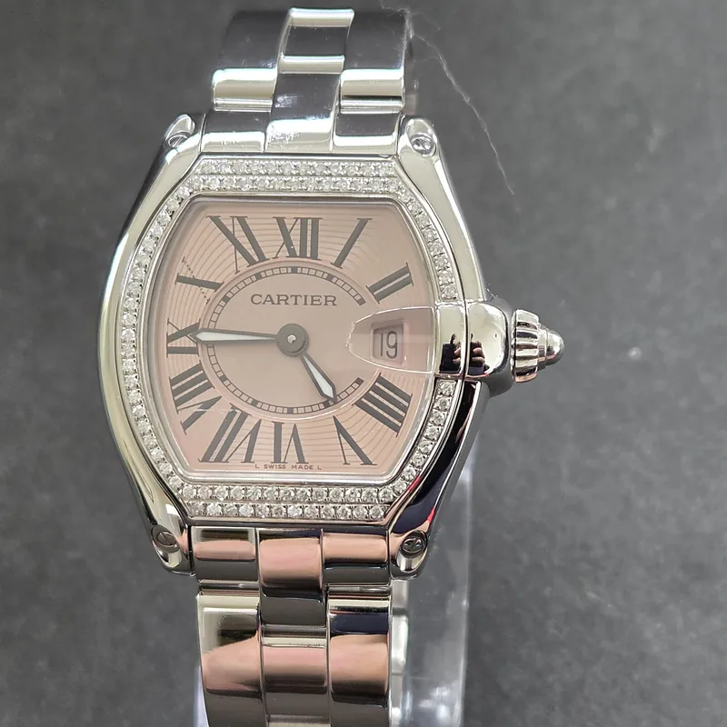 Cartier Roadster ref. 2675, pink dial with luminous hands and black roman numeral markers - crown and case