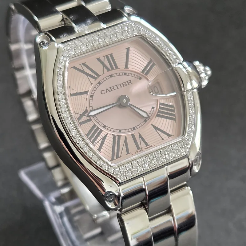 Cartier Roadster ref. 2675, pink dial with luminous hands and black roman numeral markers - front view
