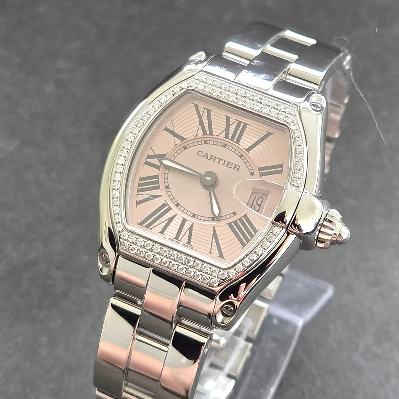 Cartier Roadster ref. 2675, pink dial with luminous hands and black roman numeral markers - side profile