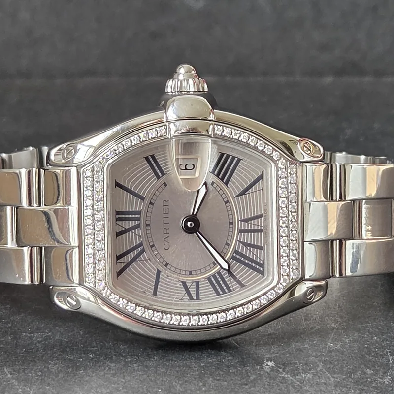 Cartier Roadster ref. 2675, steel dial with luminous hands and black roman numeral markers - crown and case