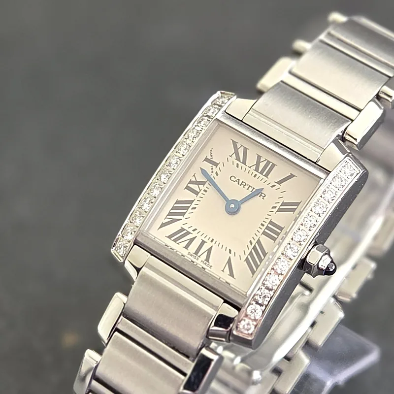 Cartier Tank Francaise ref. 2384, ivory dial featuring black roman numeral hour markers and blue hands - additional view