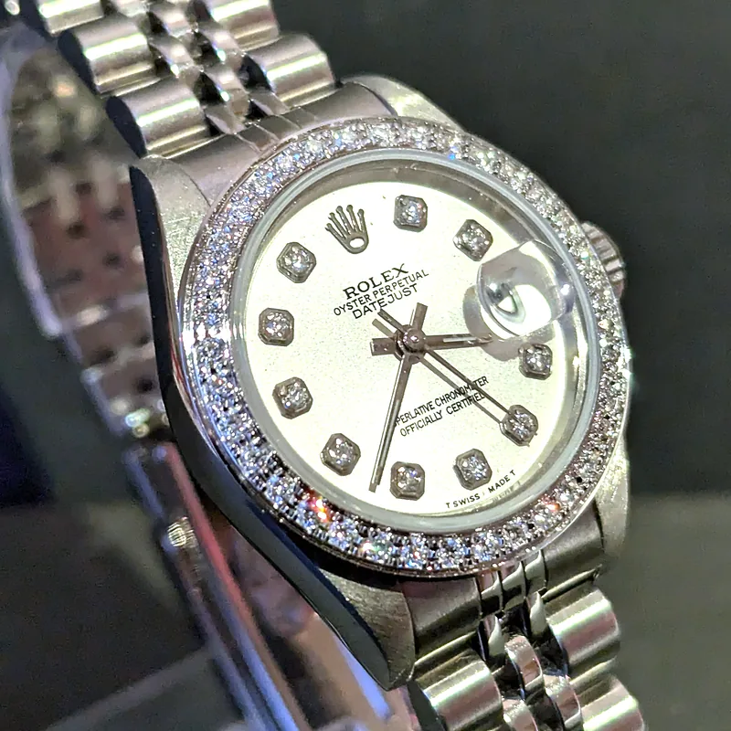Rolex Oyster Date 26mm ref. 69240, custom diamond hour markers - front view