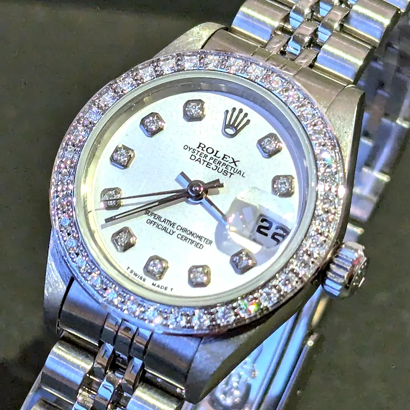 Rolex Oyster Date 26mm ref. 69240, custom diamond hour markers - dial close-up
