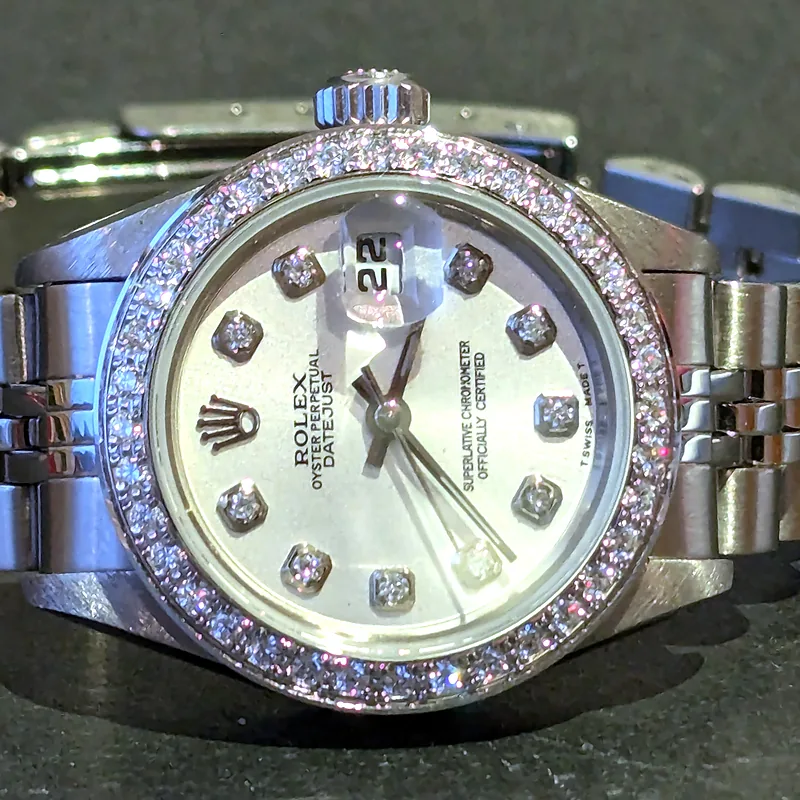 Rolex Oyster Date 26mm ref. 69240, custom diamond hour markers - crown and case