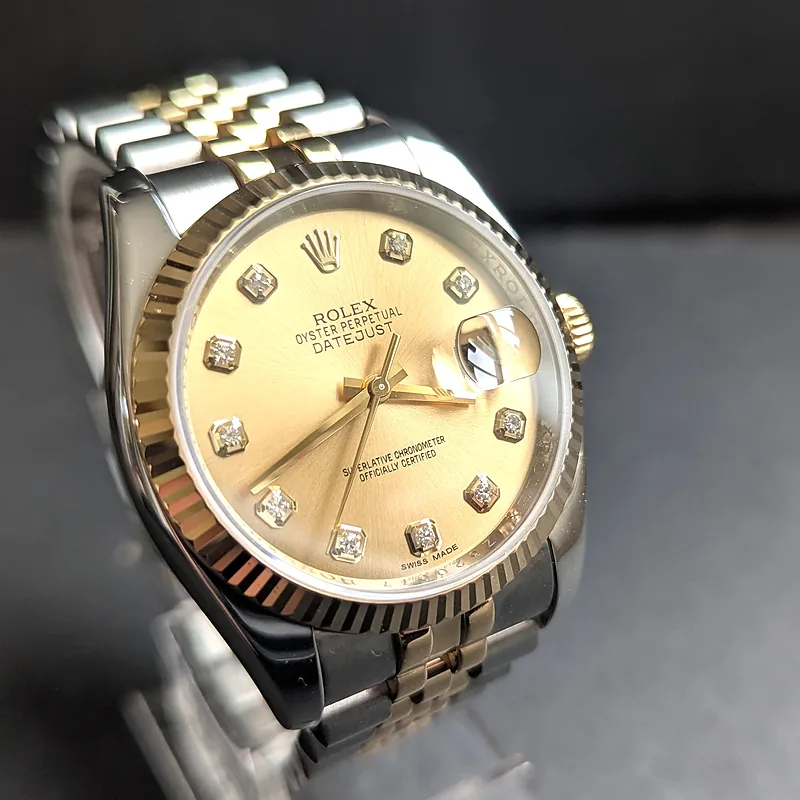 ROLEX DATEJUST 36MM ref. 116233, original champagne factory diamond dial - front view