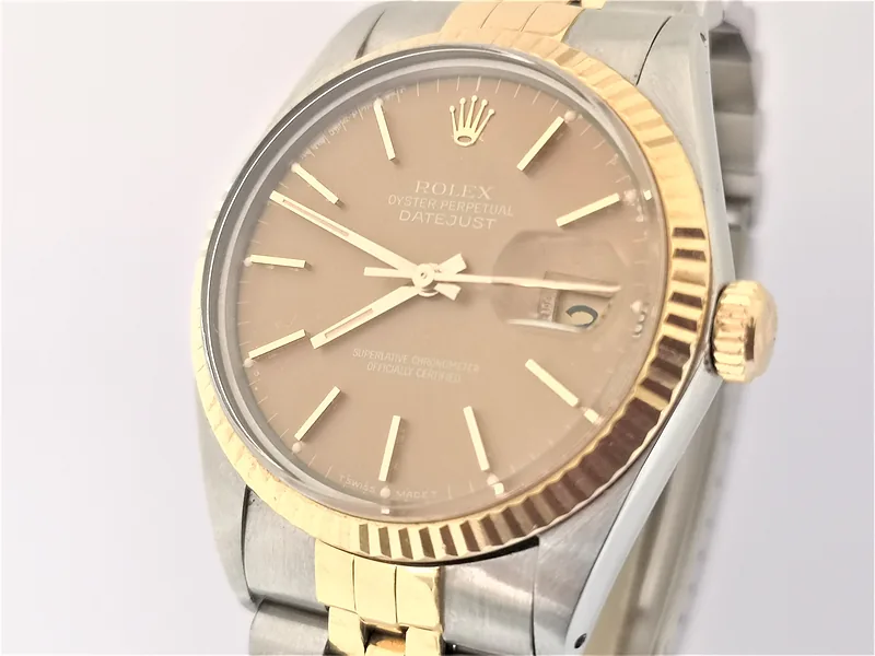Rolex DateJust 36mm ref. 16013, brown with gold baton - dial close-up
