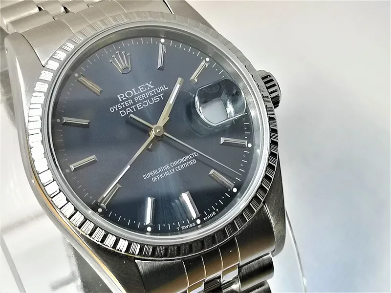 Rolex DateJust 36mm ref. 16220, blue with baton hour markers - front view
