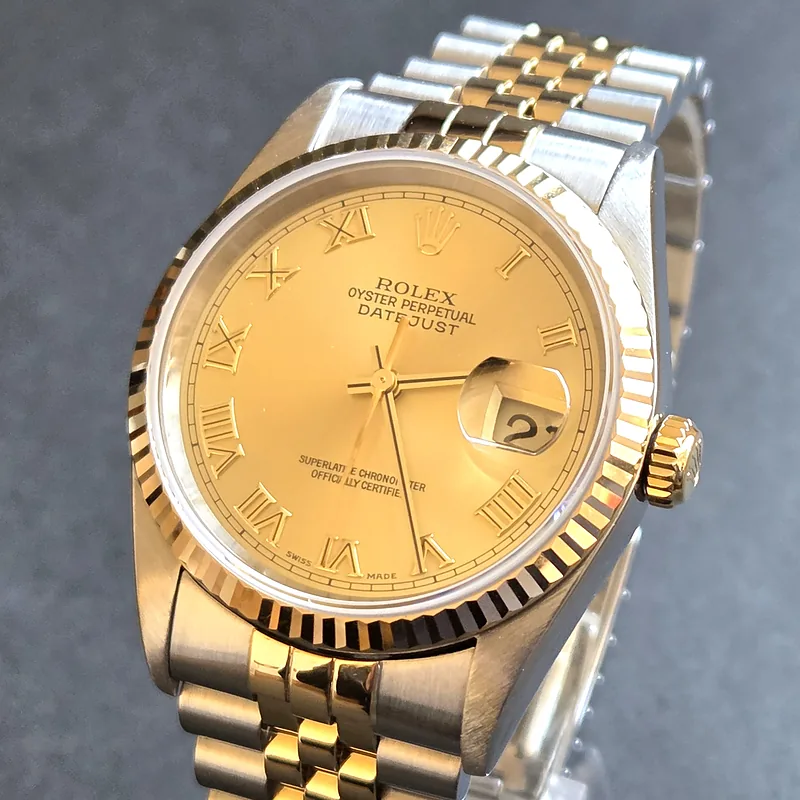 Rolex DateJust 36mm ref. 16233, champagne with gold roman numerals - side profile