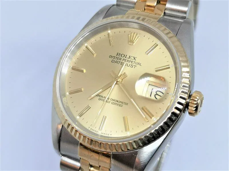 Rolex DateJust 36mm ref. 16233, champagne with gold baton hour markers - side profile