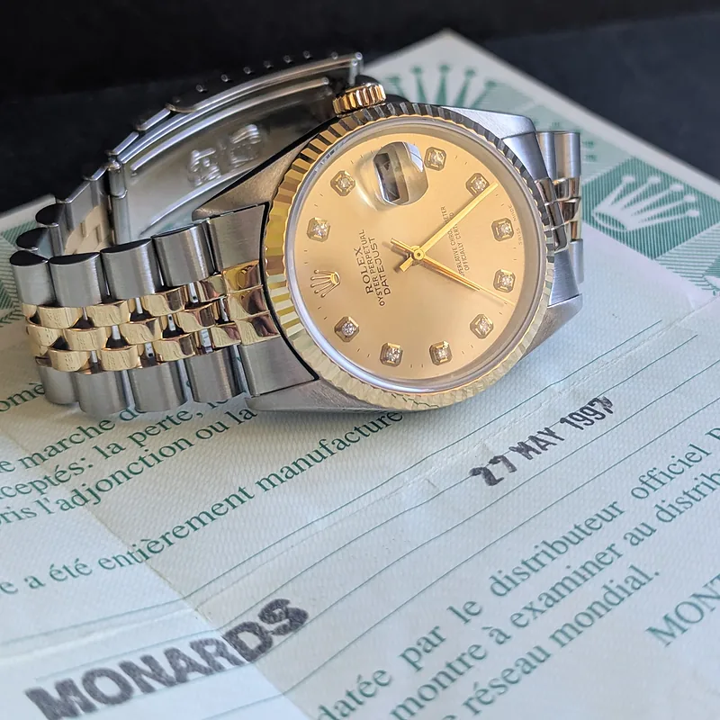 Rolex DateJust 36mm ref. 16233, champagne with original diamond dial - crown and case