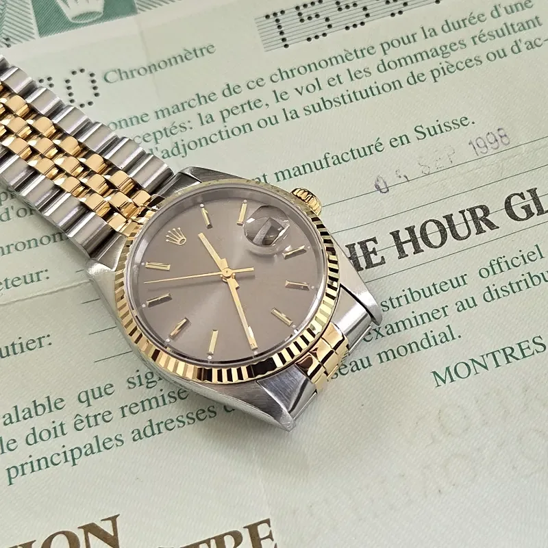Rolex DateJust 36mm ref. 16233, grey with gold baton hour markers - front view