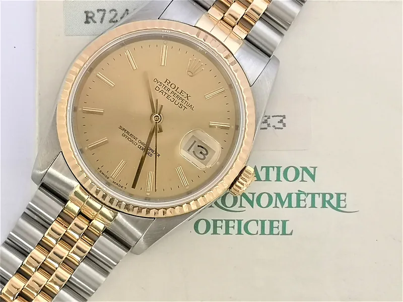 Rolex DateJust 36mm ref. 16233, champagne with gold baton hour markers - bracelet