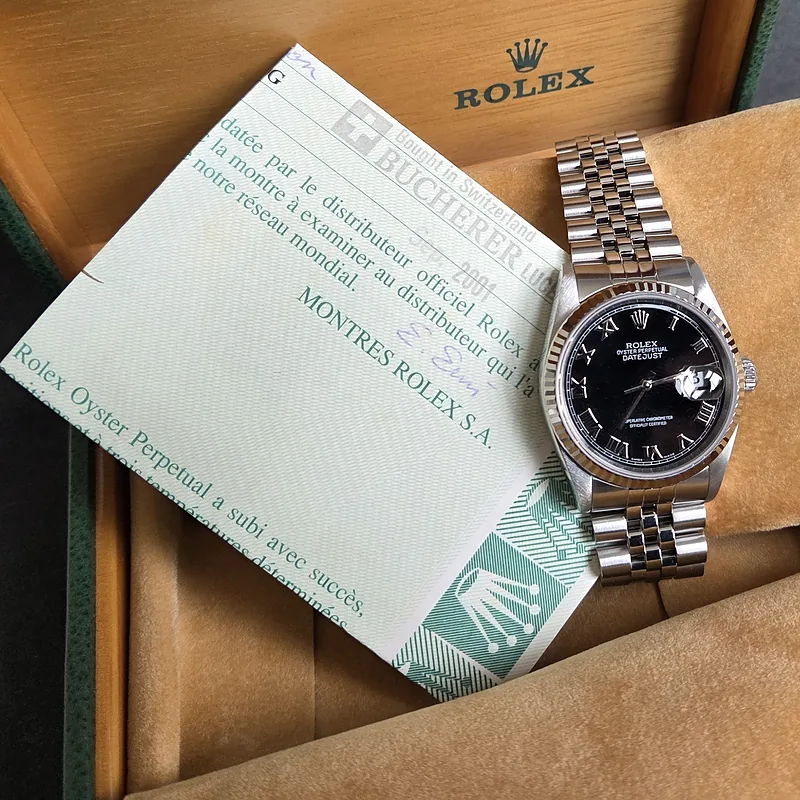 Rolex DateJust 36mm ref. 16234, black with roman numeral hour markers - dial close-up
