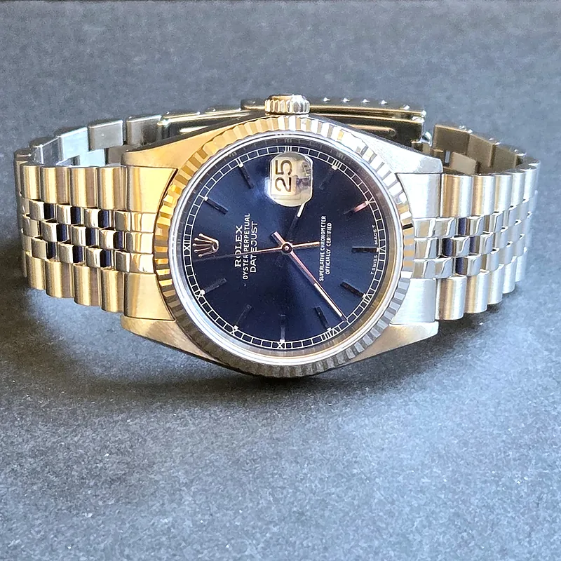 Rolex DateJust 36mm ref. 16234, blue with baton hour markers - crown and case