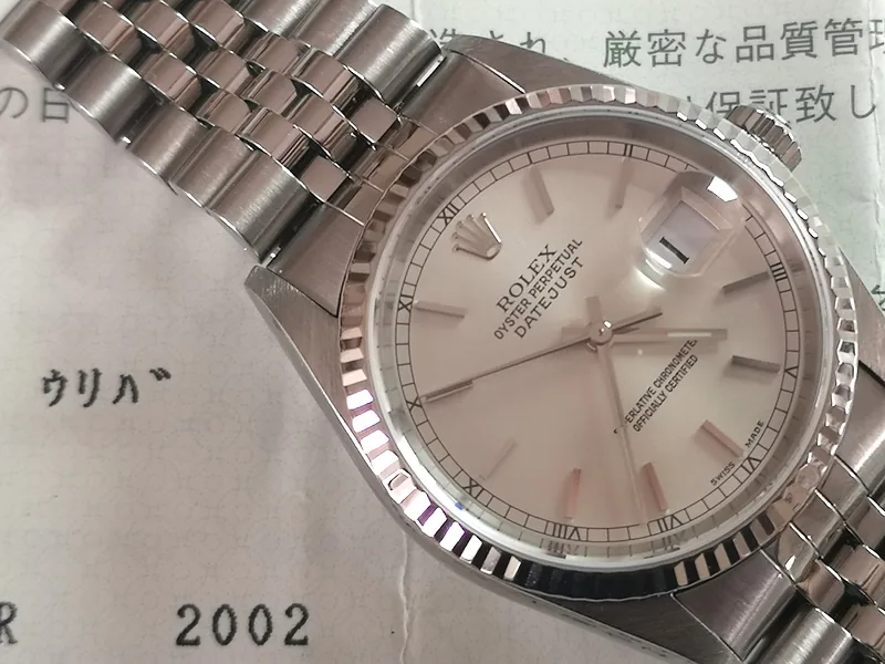 Rolex DateJust 36mm ref. 16234, silver effect with baton hour markers - clasp