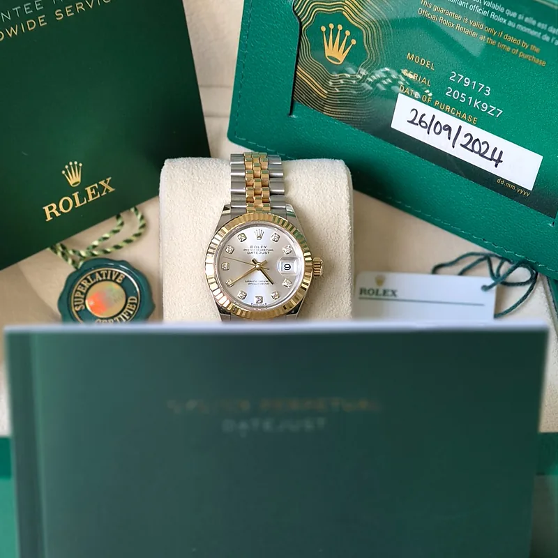 Rolex DateJust 28mm ref. 279173, original silver diamond dot dial - with box and papers