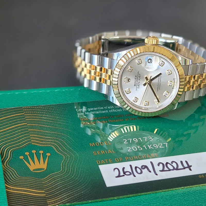 Rolex DateJust 28mm ref. 279173, original silver diamond dot dial - with original papers