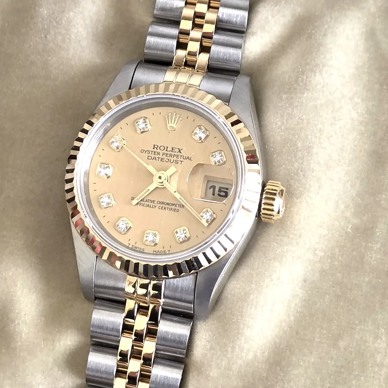 Rolex DateJust 26mm ref. 69173, factory champagne diamond dot dial - front view