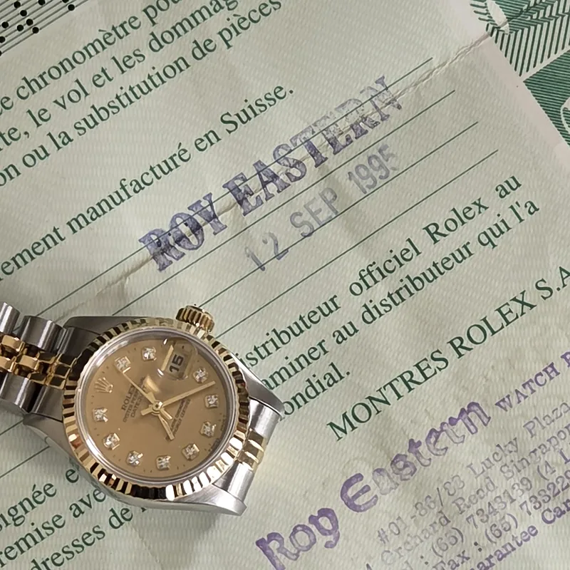 Rolex DateJust 26mm ref. 69173, factory champagne diamond dot dial - dial close-up