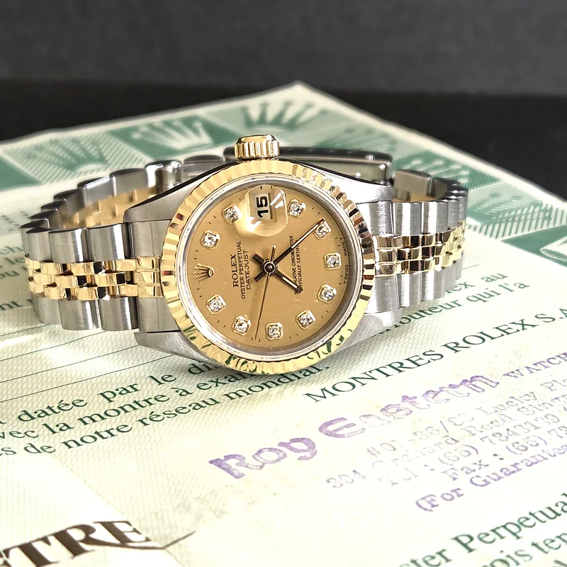 Rolex DateJust 26mm ref. 69173, factory champagne diamond dot dial - clasp