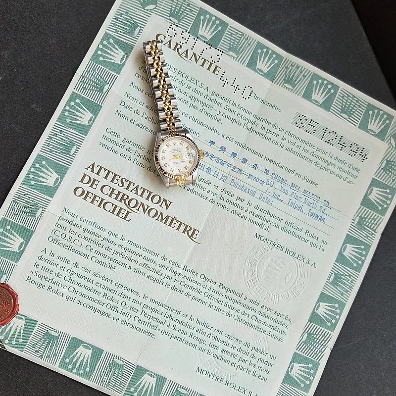 Rolex DateJust 26mm ref. 69173, factory white diamond dot dial - front view