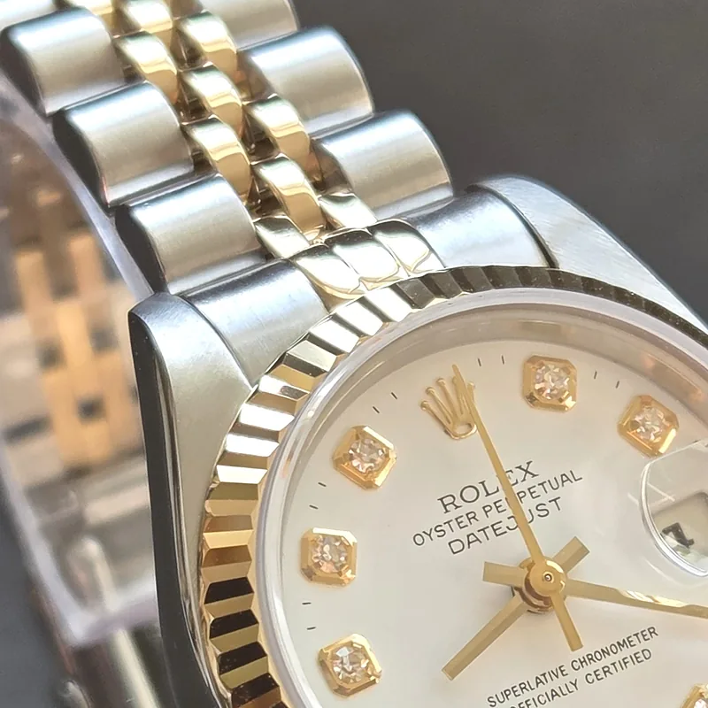Rolex DateJust 26mm ref. 69173, factory white diamond dot dial - dial close-up