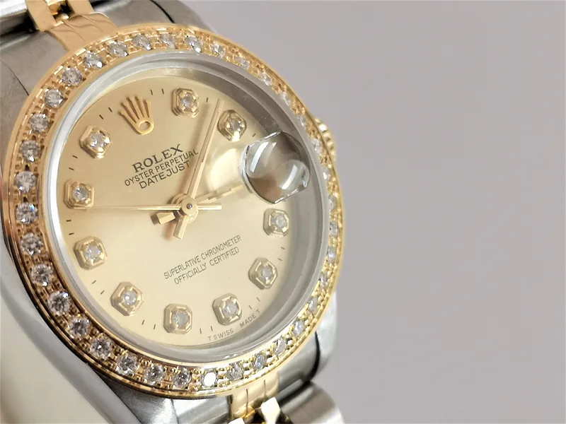 Rolex DateJust 26mm ref. 69173, custom champagne diamond dot dial - front view