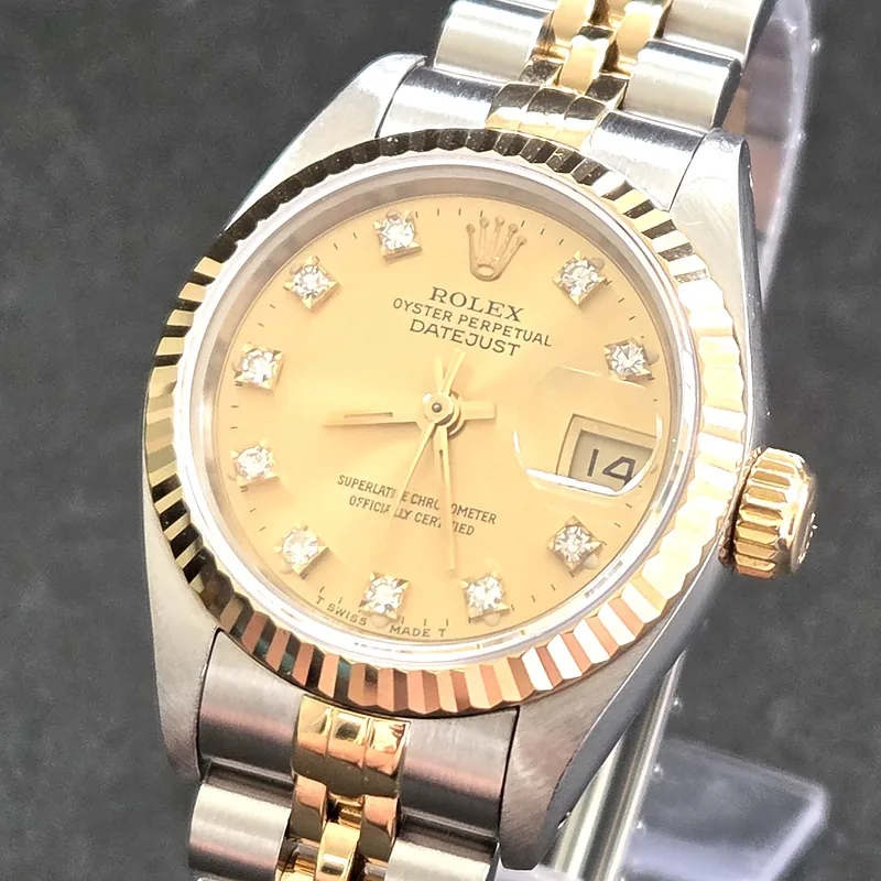 Rolex DateJust 26mm ref. 69173, factory champagne small diamond dot dial - crown and case