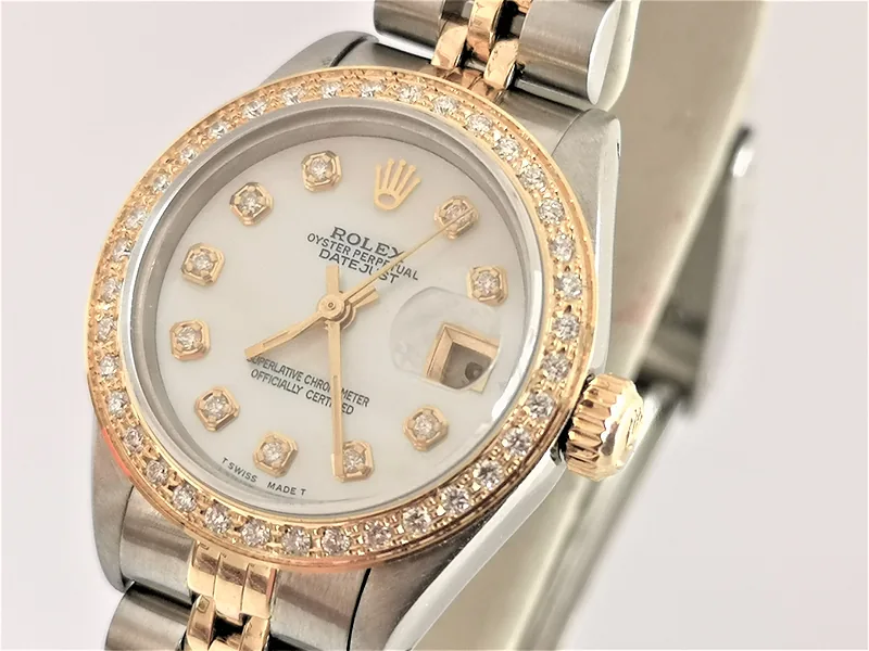 Rolex DateJust 26mm ref. 69173, custom mother of pearl with diamond dots - front view