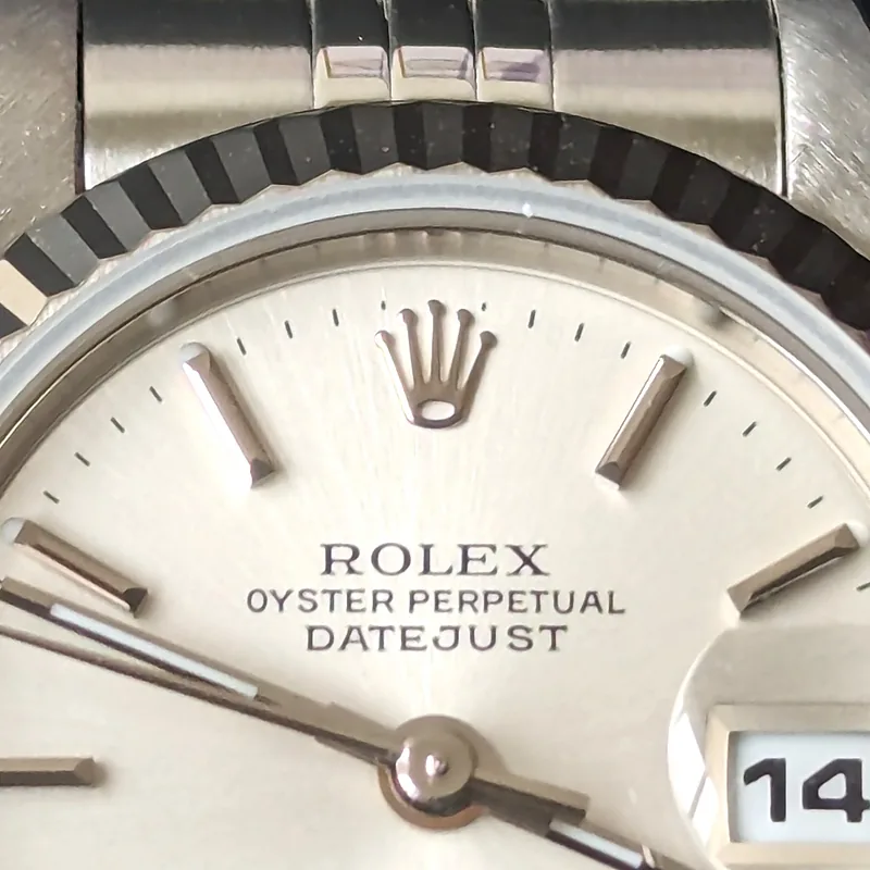 Rolex DateJust 26mm ref. 79174, silver with batons - dial close-up