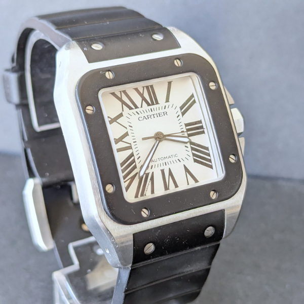 Cartier Santos 100 XL Black Rubber Bezel Stainless Steel Silver Dial Black  Rubber Strap W20121U2 D2D0QA - Beverly Hills Watch Company