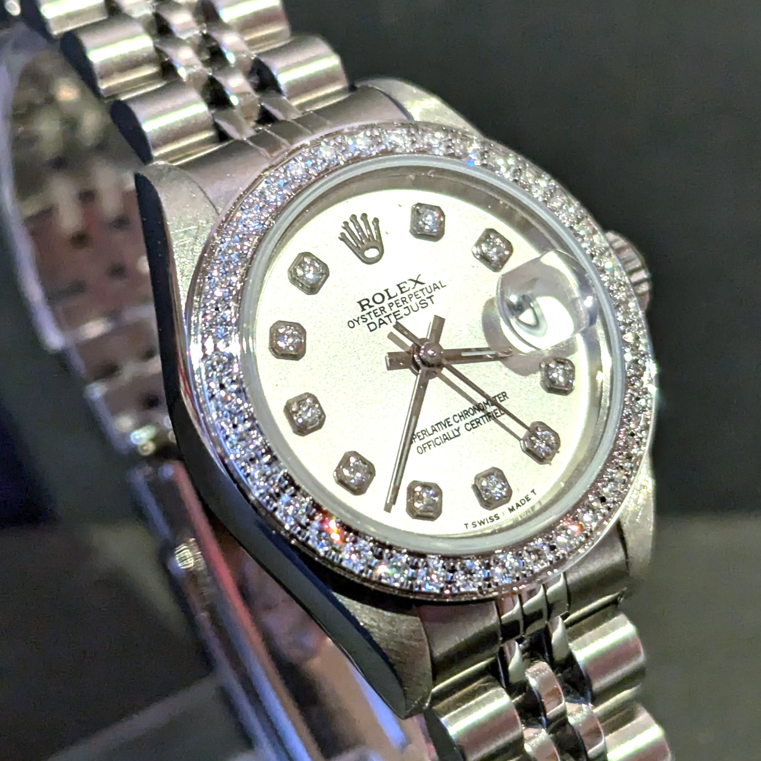 26mm steel Rolex with diamonds front