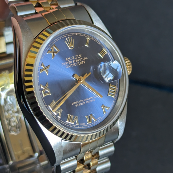 Blue Dial Bi-Metal gents Rolex side