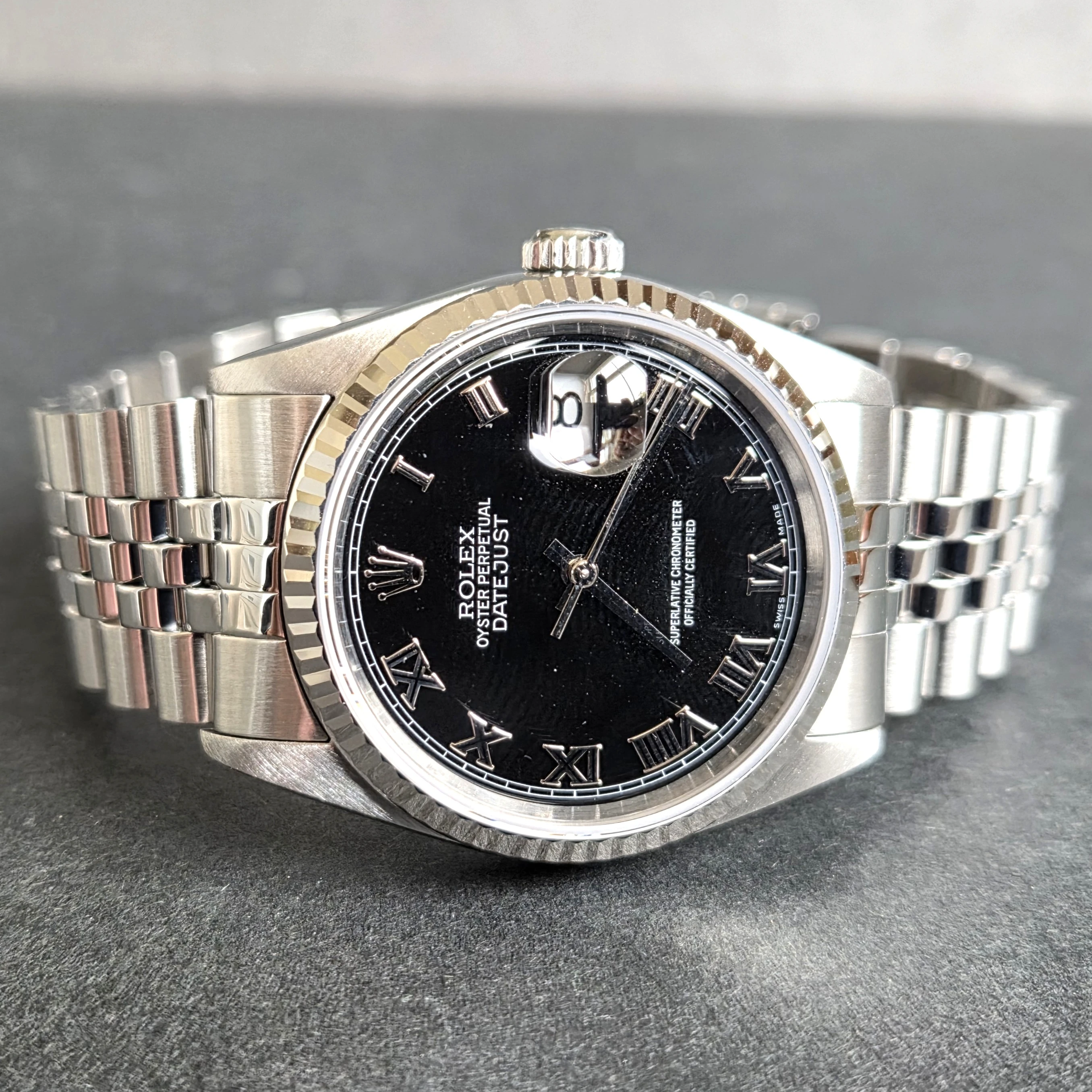 Black Roman Numeral Dial Rolex Datejust 36mm front