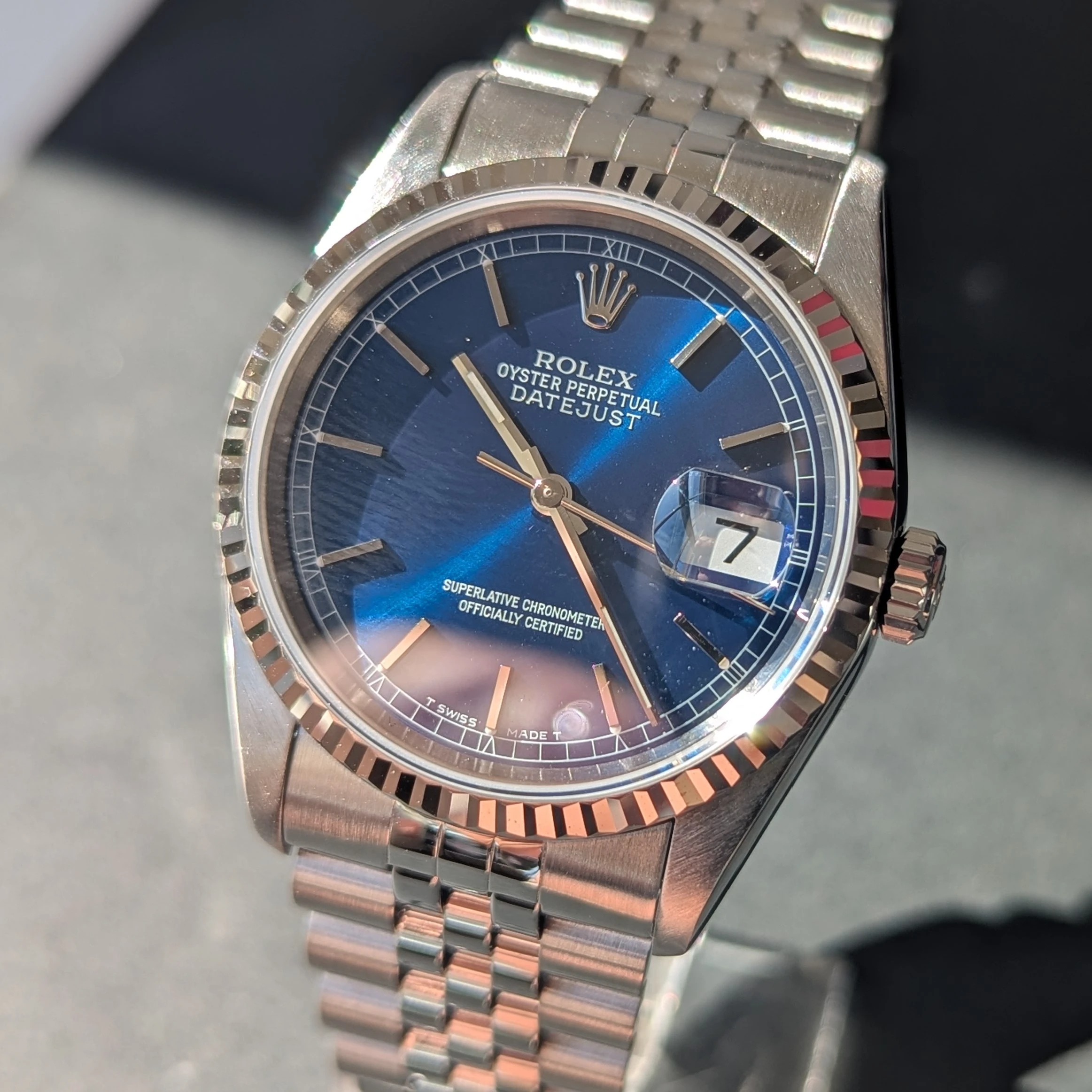 Blue Dial Steel DateJust 36mm Rolex  side