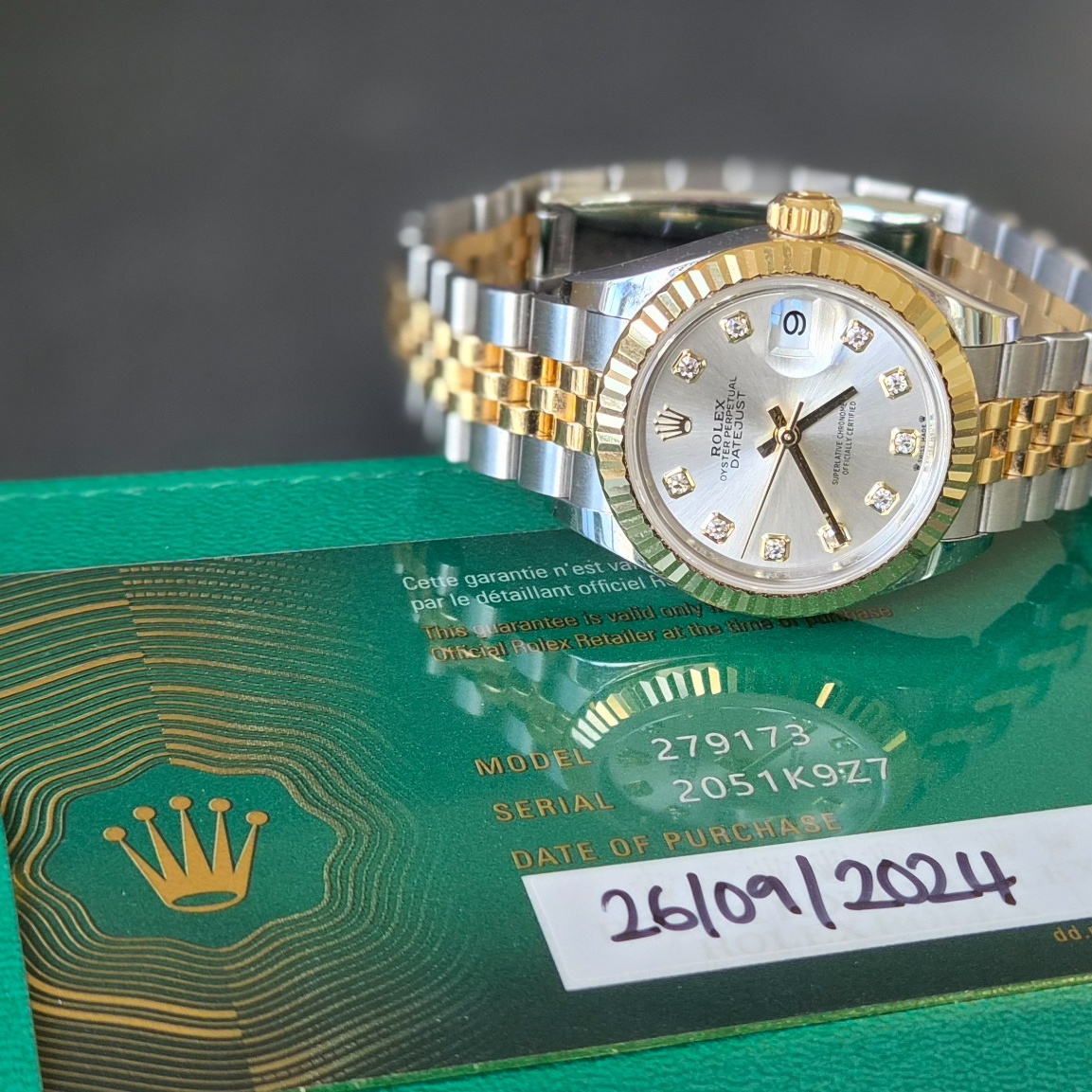 Rolex DateJust 28mm ref. 279173, original silver diamond dot dial - with original papers