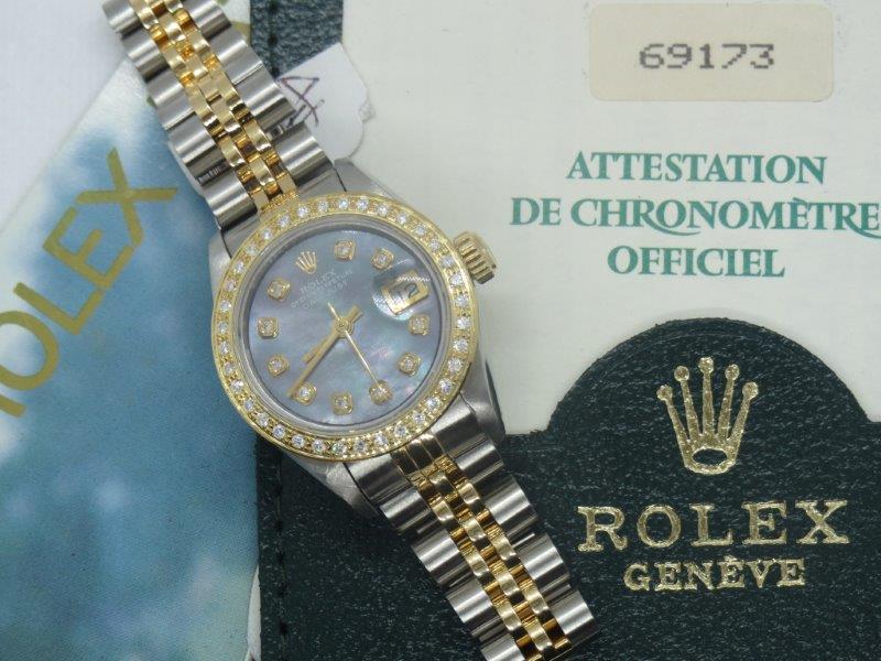 This beautiful Rolex Datejust features Diamonds and Mother of Pearl