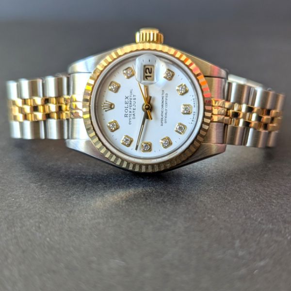 Big Diamond White Dial Rolex DateJust crown