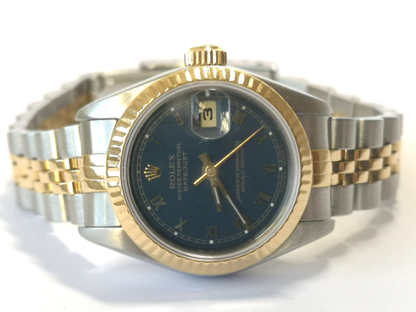 Ladies Navy Dial 26mm Rolex DateJust with Box front