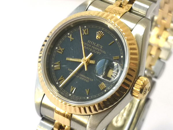 Ladies Navy Dial 26mm Rolex DateJust with Box crown