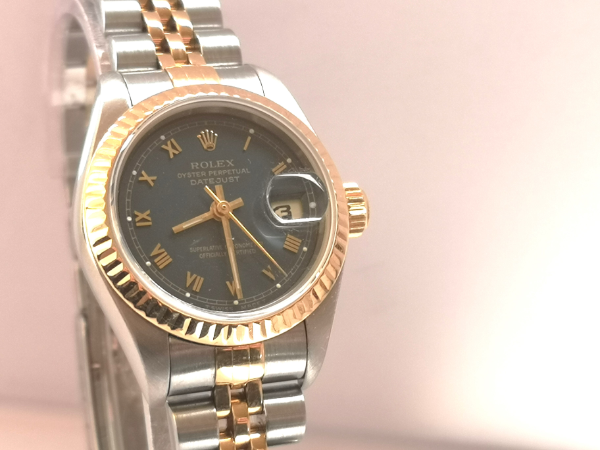 Ladies Navy Dial 26mm Rolex DateJust with Box clasp