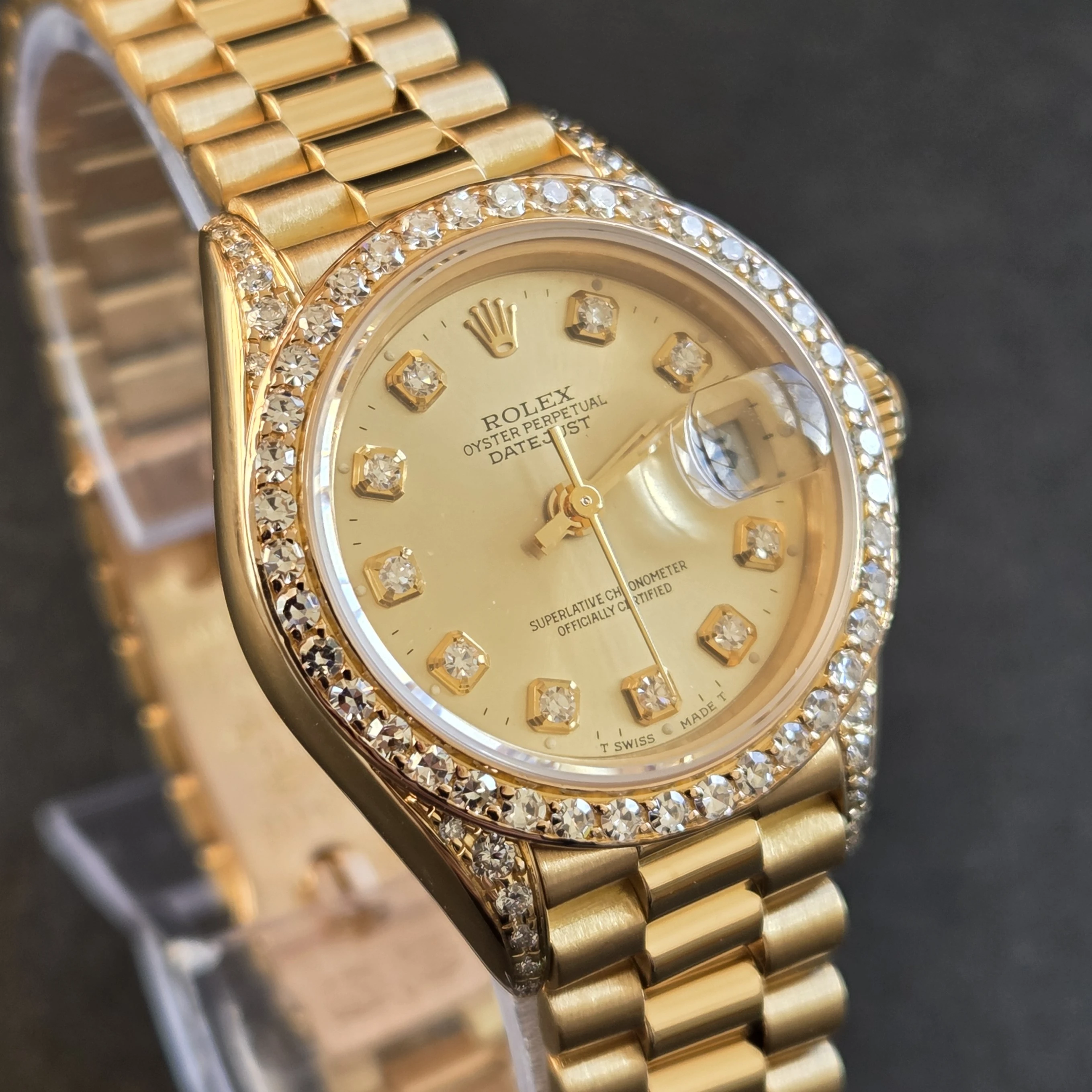 18ct Gold Rolex DateJust with Diamonds front